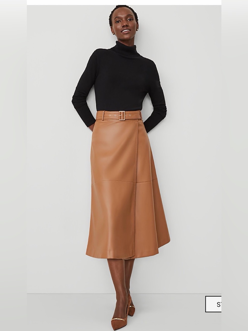 Ann Taylor Belted Faux Leather Midi Skirt in Tan, NWT Size 8 - Picture 2 of 3